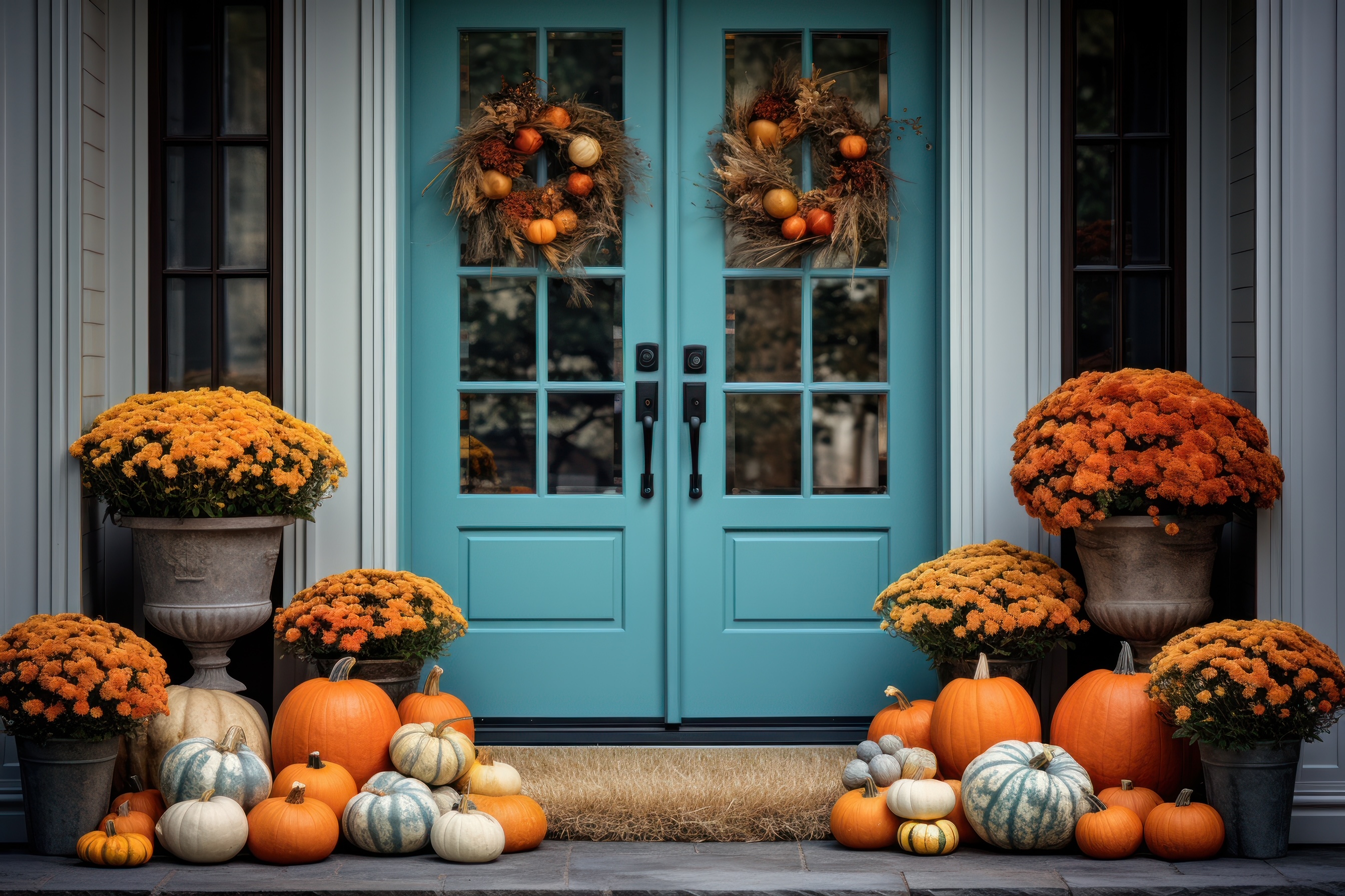 Fall pumpkin display with colorful mums at a teal front door