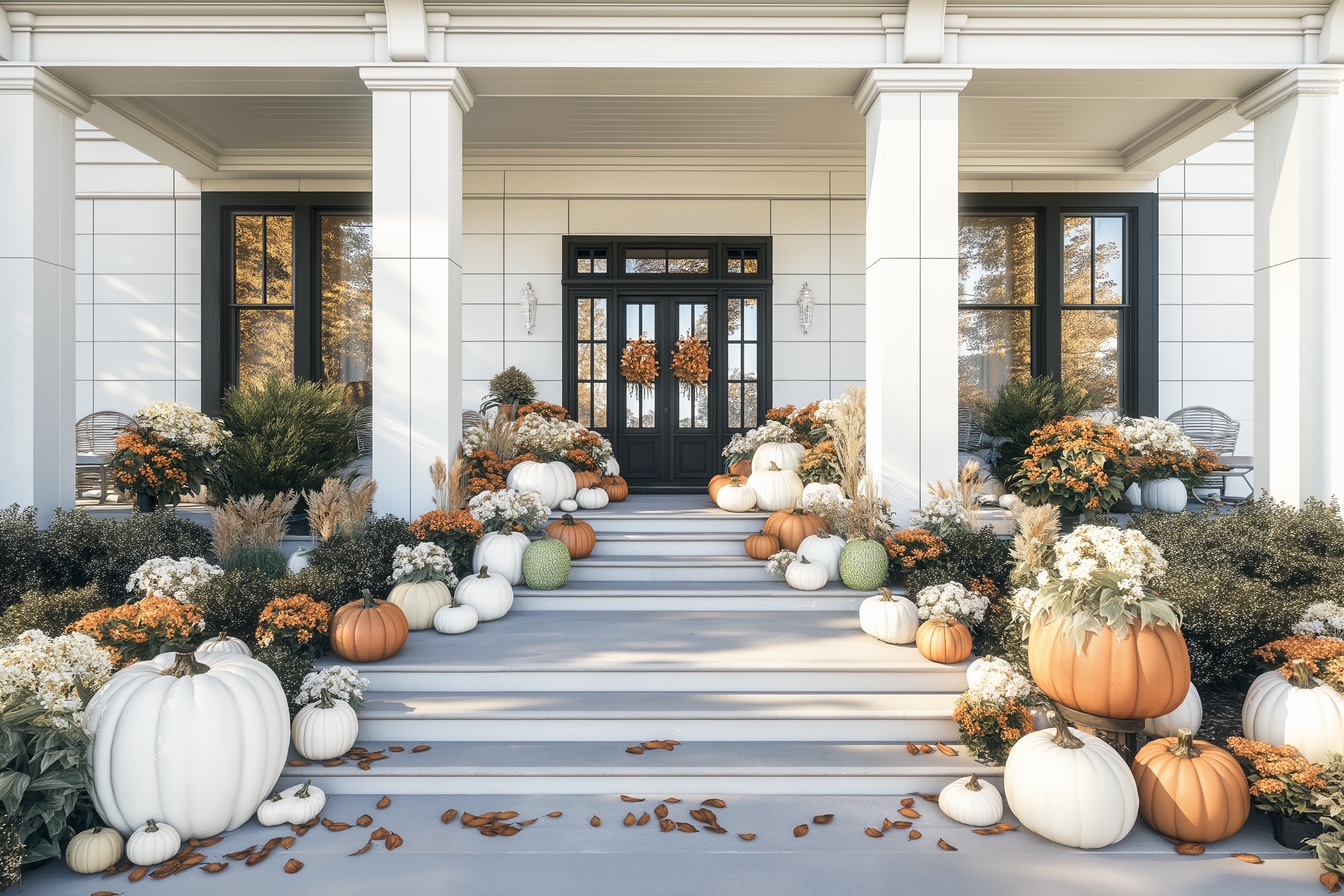 Stunning pumpkin display on a Florida porch with white pumpkins, mums, and seasonal accents