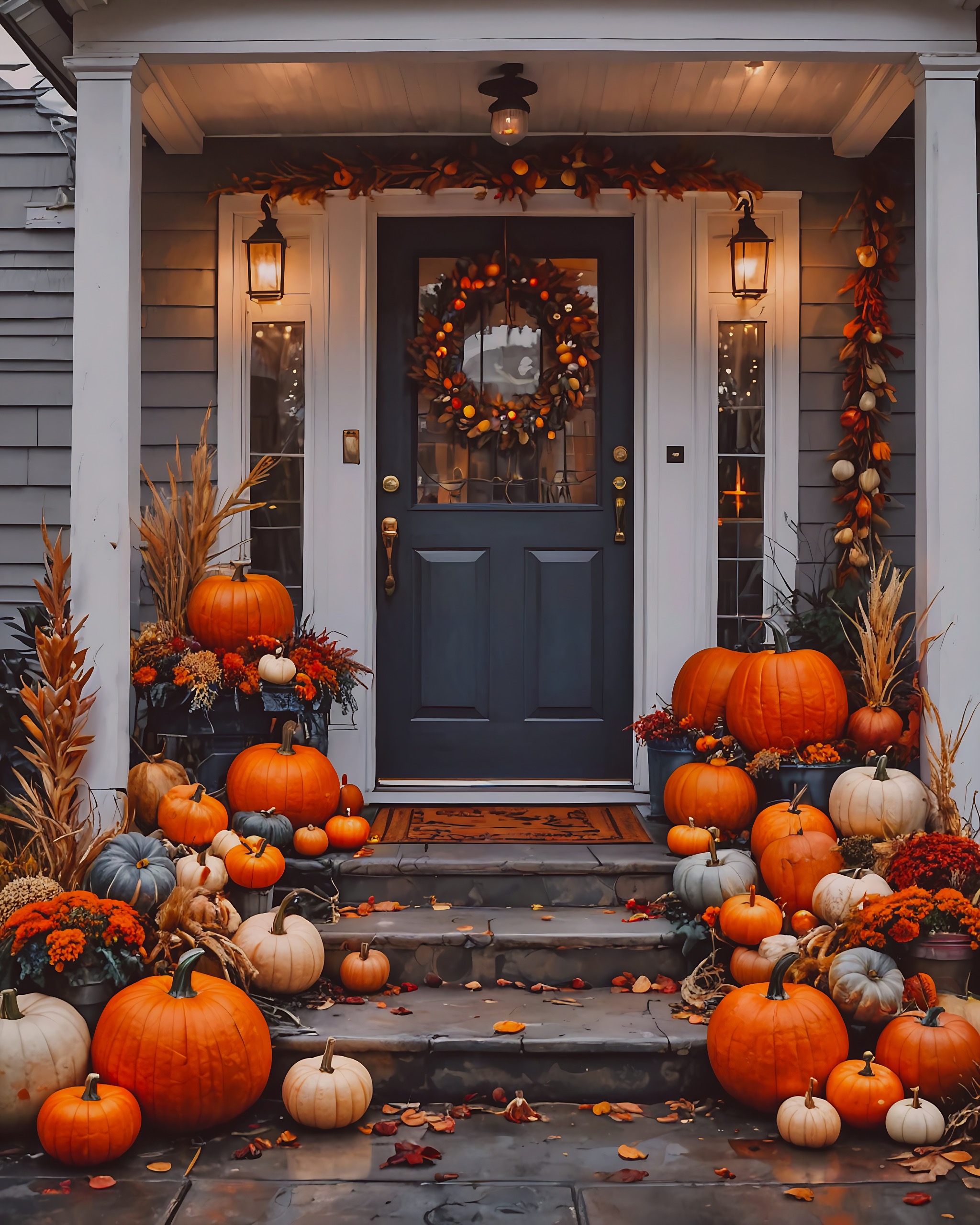 Evening porch display with pumpkins and festive garland