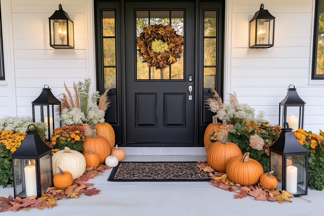 Elegant pumpkin display with lanterns and seasonal flowers at a home entrance